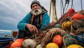 pêcheur sur bateau avec filets et bouées. ai généré. photo