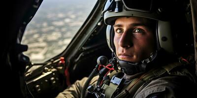 portrait de une Masculin pilote dans le cockpit de le hélicoptère. ai généré. photo