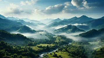 Montagne paysage avec rivière et forêt dans brouillard. ai généré. photo