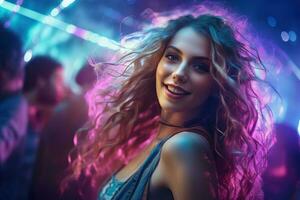 portrait de Jeune magnifique femme dansant dans nuit club avec lumières. ai généré photo