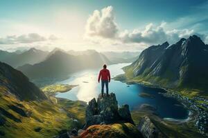 homme permanent sur le Haut de une Montagne et profiter le vue ai généré photo