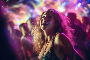 portrait de Jeune magnifique femme dansant dans nuit club avec lumières. ai généré photo