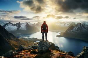 homme permanent sur le Haut de une Montagne et profiter le vue ai généré photo