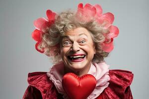 portrait de une content femme avec rouge coeur.valentine journée concept ai généré photo