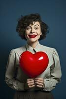 portrait de une content femme avec rouge coeur.valentine journée concept ai généré photo