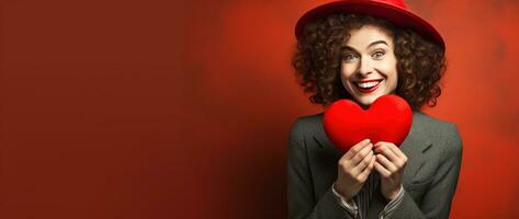 portrait de une content femme avec rouge cœur sur une rouge background.valentine's journée concept ai généré photo