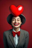 portrait de une content femme avec rouge cœur sur une rouge background.valentine's journée concept ai généré photo