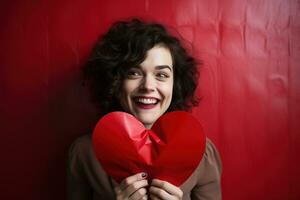 portrait de une content femme avec rouge cœur sur une rouge background.valentine's journée concept ai généré photo