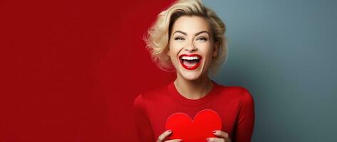 portrait de une content femme avec rouge cœur sur une rouge background.valentine's journée concept ai généré photo