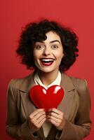 portrait de une content femme avec rouge cœur sur une rouge background.valentine's journée concept ai généré photo