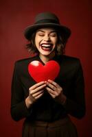 portrait de une content femme avec rouge cœur sur une rouge background.valentine's journée concept ai généré photo