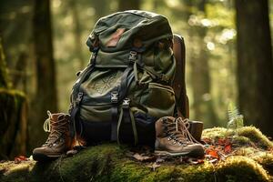 randonnée bottes et sac à dos dans le forêt. Voyage et aventure concept ai généré photo