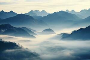 ai généré magnifique paysage de montagnes dans brumeux Beauté du Matin dans la nature. photo