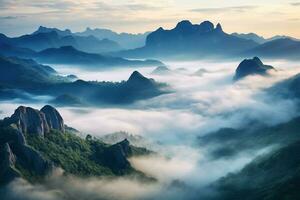 ai généré magnifique paysage de montagnes dans brumeux Beauté du Matin dans la nature. photo