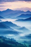 ai généré magnifique paysage de montagnes dans brumeux Beauté du Matin dans nature.ai généré photo