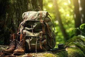 randonnée bottes et sac à dos dans le forêt. Voyage et aventure concept ai généré photo