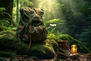 randonnée bottes et sac à dos dans le forêt. Voyage et aventure concept ai généré photo