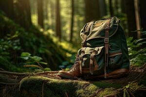 randonnée bottes et sac à dos dans le forêt. Voyage et aventure concept ai généré photo