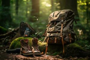 randonnée bottes et sac à dos dans le forêt. Voyage et aventure concept ai généré photo