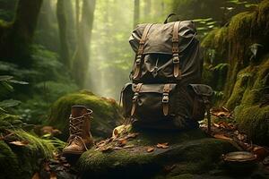 randonnée bottes et sac à dos dans le forêt. Voyage et aventure concept ai généré photo