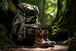 randonnée bottes et sac à dos dans le forêt. Voyage et aventure concept ai généré photo