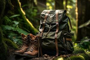 randonnée bottes et sac à dos dans le forêt. Voyage et aventure concept ai généré photo