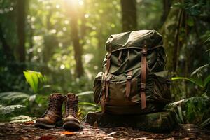 randonnée bottes et sac à dos dans le forêt. Voyage et aventure concept ai généré photo