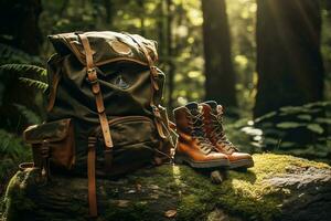 randonnée bottes et sac à dos dans le forêt. Voyage et aventure concept ai généré photo