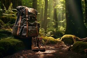 randonnée bottes et sac à dos dans le forêt. Voyage et aventure concept ai généré photo