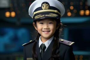 portrait de une mignonne asiatique peu fille dans une pilote uniforme ai généré photo