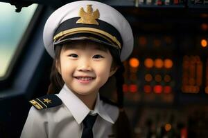 portrait de une mignonne asiatique peu fille dans une pilote uniforme ai généré photo