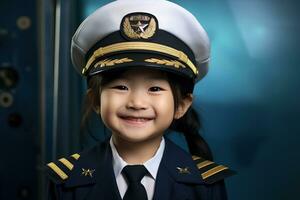 portrait de une mignonne asiatique peu fille dans une pilote uniforme ai généré photo