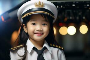 portrait de une mignonne asiatique peu fille dans une pilote uniforme ai généré photo