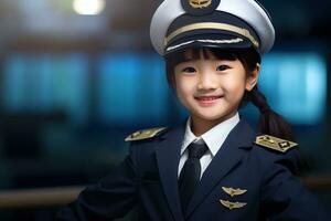 portrait de une mignonne asiatique peu fille dans une pilote uniforme ai généré photo