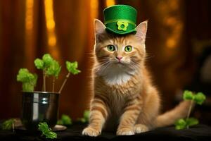 mignonne chat portant une vert Haut chapeau pour st. patrick's journée. ai généré photo