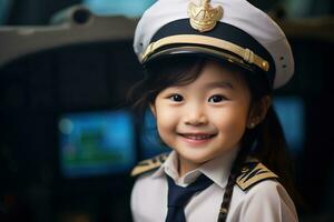 portrait de une mignonne asiatique peu fille dans une pilote uniforme ai généré photo