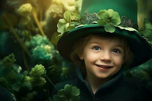 portrait de une souriant garçon dans une lutin costume. st. patrick's journée. ai généré photo