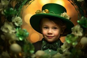 portrait de une souriant garçon dans une lutin costume. st. patrick's journée. ai généré photo