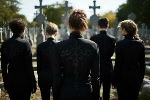 une groupe de Jeune gens dans une cimetière à la recherche à le pierres tombales ai généré photo