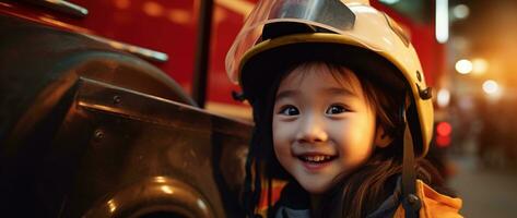 portrait de souriant asiatique peu fille portant sapeur pompier uniforme permanent dans Feu camion. ai généré photo