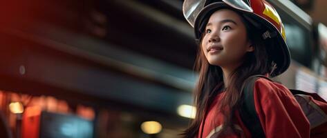 portrait de souriant asiatique peu fille portant sapeur pompier uniforme permanent dans Feu camion. ai généré photo