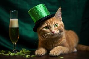 mignonne chat portant une vert Haut chapeau pour st. patrick's journée. ai généré photo