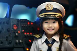 portrait de une mignonne asiatique peu fille dans une pilote uniforme ai généré photo