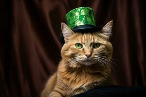 mignonne chat portant une vert Haut chapeau pour st. patrick's journée. ai généré photo