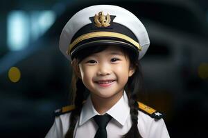 portrait de une mignonne asiatique peu fille dans une pilote uniforme ai généré photo