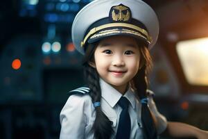 portrait de une mignonne asiatique peu fille dans une pilote uniforme ai généré photo