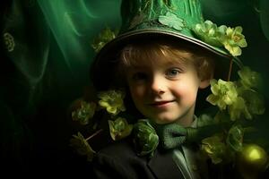 portrait de une souriant garçon dans une lutin costume. st. patrick's journée. ai généré photo