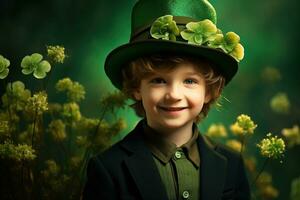 portrait de une souriant garçon dans une lutin costume. st. patrick's journée. ai généré photo