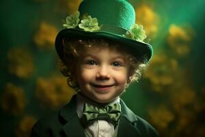 portrait de une souriant garçon dans une lutin costume. st. patrick's journée. ai généré photo