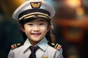 portrait de une mignonne asiatique peu fille dans une pilote uniforme ai généré photo